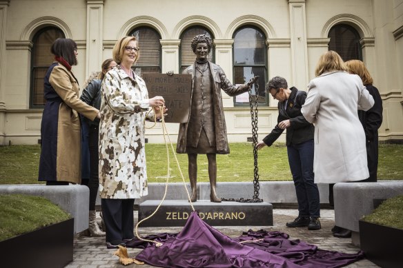 Gillard unveils the statue on Tuesday. She says women such as Zelda D’Aprano should be “proudly and permanently celebrated”.