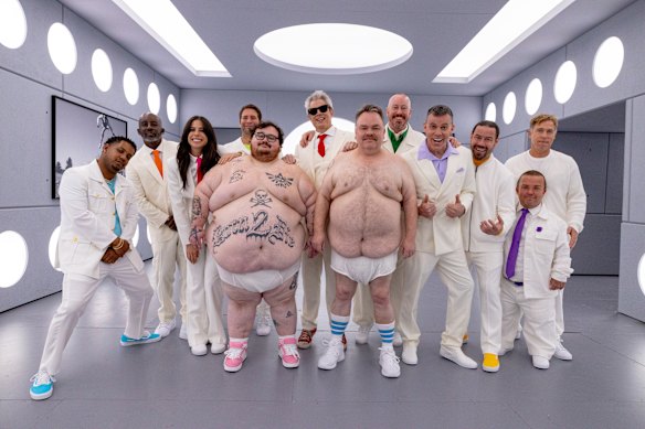 Jasper, “Dark Shark”, Rachel Wolfson, Sean “Poopies” McInerney, Zach Holmes, Johnny Knoxville, Preston Lacy, Danger Ehren, Steve-O, Chris Pontius, Wee Man and Dave England in Jackass: Best and Last.