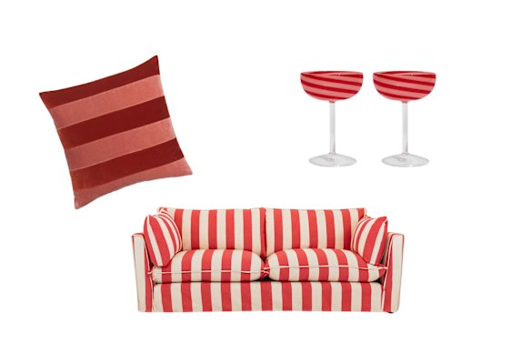 “Stripe” cushion; “Cocobella” sofa; “Swirl” coupe glasses.  
