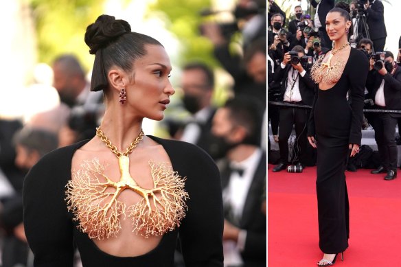Waiting to exhale: Bella Hadid in Schiaparelli at the Cannes Film Festival.