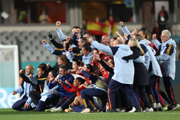 The Spanish team celebrate after advancing to their first World Cup semi-final.