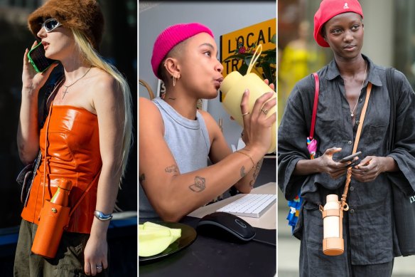 On the street at New York Fashion Week Water bottles were a common accessory. Melbourne-based comedian and model Aurelia St Clair (centre) posted about their 2 litre water bottle with the hashtag #emotionalsupportwaterbottle.