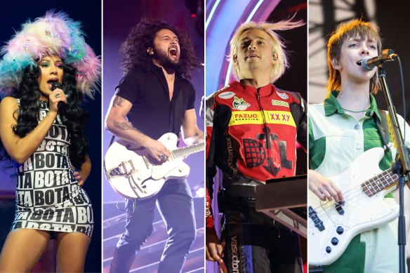Artists likely to feature at the pointy end of Triple J’s Hottest 100 countdown (left to right): Eliza Rose, Gang of Youths’ David Le’aupepe, Flume and Spacey Jane’s Peppa Lane.