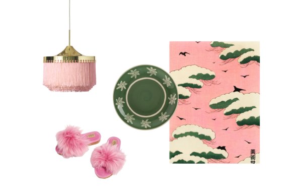 “Fringe” pendant light; “Dolly” slide; “Palmiers” plate; Minimal Pink Japanese print.