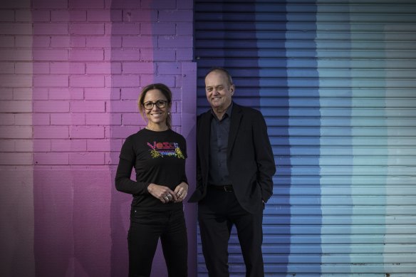 Professor Clare Wright and Adrian Collette, CEO of the Australia Council, in front of artist D.R.E.Z’s work in Melbourne.