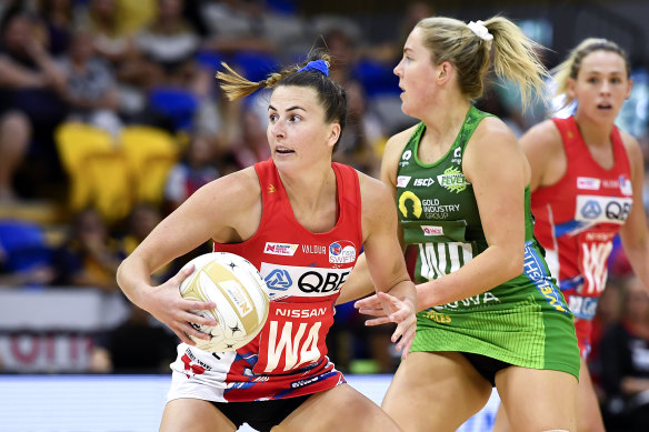 Maddy Proud in action for the  Swifts during the Super Netball minor semi-final against the West Coast Fever in October.