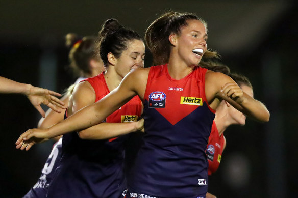 Kate Hore celebrates after scoring in Melbourne’s win over Adelaide at Casey Fields on Saturday night.