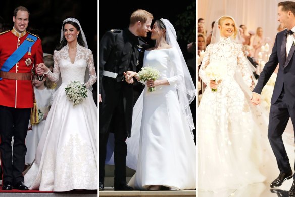 London, London, Paris: Prince William and Princess Catherine in Alexander McQueen by Sarah Burton on their wedding day, April 29, 2011; Prince Harry and Meghan, Duchess of Sussex in Givenchy on their wedding day, May 19, 2018; Paris Hilton and Carter Ruem on their wedding day, November 11, 2021.