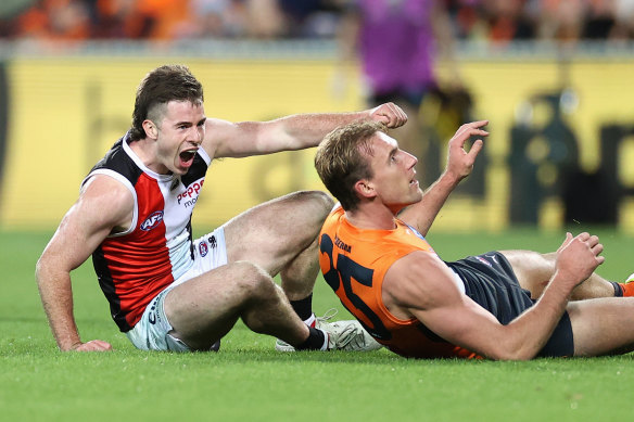 Jack Higgins celebrates one of four goals in a best afield effort for the Saints.