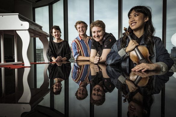 From left, composer Andrea Keller with musicians Harry Swainston, Theodore Pike and Donica Tran.