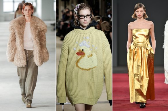 New York Fashion Week quick trends. Vintage at Eckhaus Latta. Quirky knitwear at Coach. Going for gold at Gabriela Hearst.