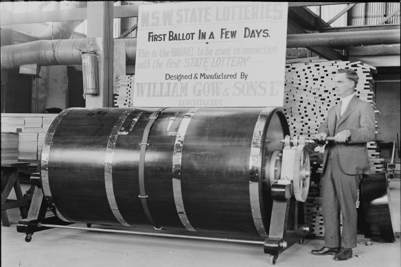 ‘This is the barrel to be used in connection with the first State Lottery.’ August 10, 1931