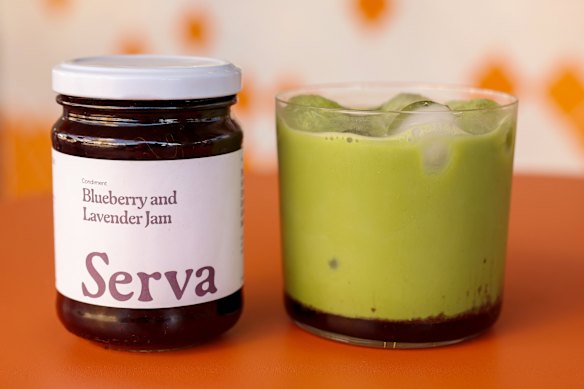 The iced matcha features Serva’s blueberry and lavender jam.