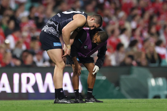 Carlton star Jacob Weitering suffered a late game.