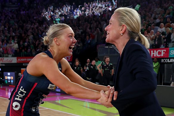 Premiers of the best netball competition in the world: Vixens skipper Kate Moloney and departing coach Simone McKinnis.