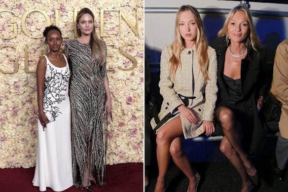 Angelina Jolie attends the 2025 Golden Globes with daughter Zahara (right); Kate Moss and Lila Moss attend London Fashion Week.