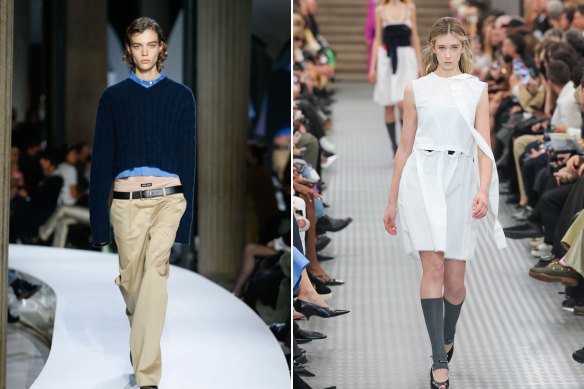 The opening look of Miu Miu spring 2022 and the opening look of Miu Miu spring 2025 at Paris Fashion Week.