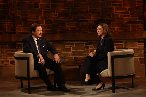 Alec Baldwin as Bret Baier and Maya Rudolph as Kamala Harris in SNL’s sketch of the Fox News interview.