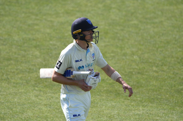 Nick Larkin leaves the field during the Blues’ humbling at Blundstone Arena this week.