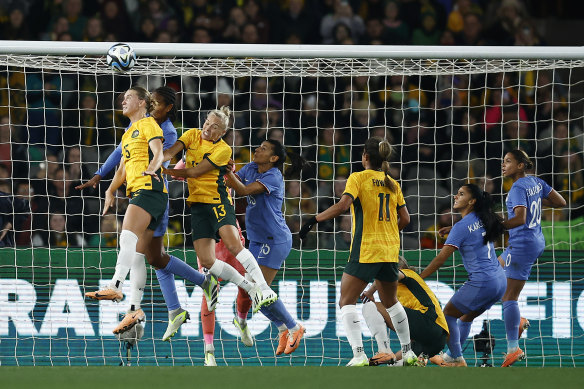 Australia’s Clare Hunt (left) attempts to head a goal during a pre-World Cup friendly match against France.