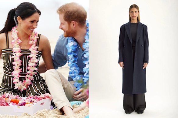 On Meghan and Harry’s 2018 visit to Bondi Beach, Australian label Jac + Jack dressed Harry in a blue folded collar shirt. The label would select the merino wool Howell coat, $1400, for Meghan this time around.