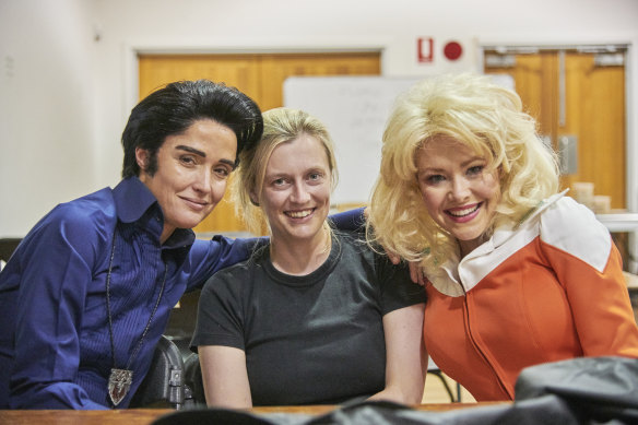 Director Gracie Otto with Byrne (left) and Boylan in character on the set of Seriously Red.