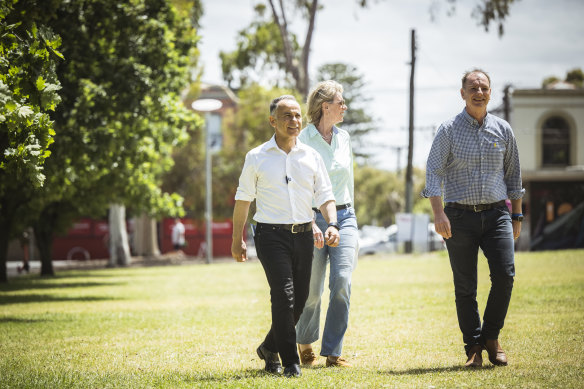 Opposition Leader John Pesutto and his leadership team of Georgie Crozier and David Southwick.