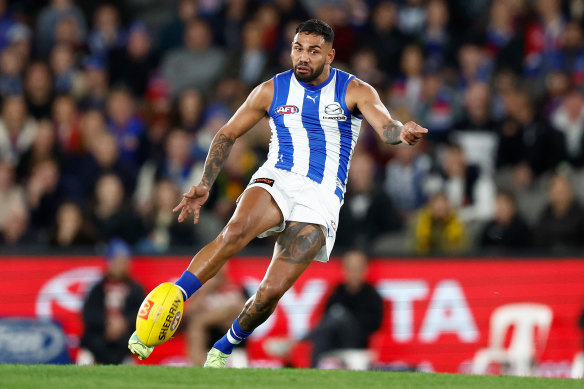 Tarryn Thomas pictured during an AFL match at Marvel Stadium in June.