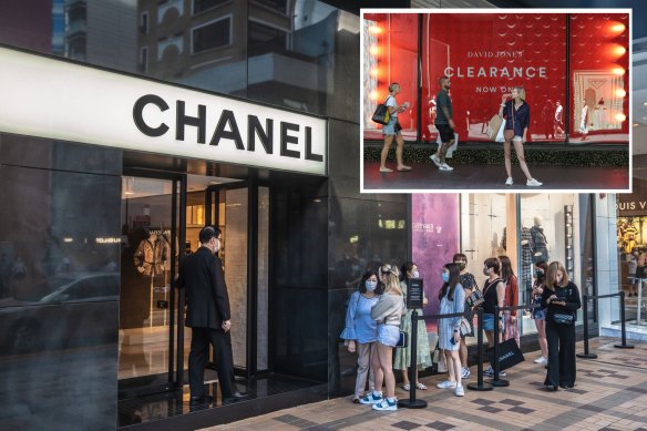 Never on sale at Chanel (main), and shoppers at the Boxing Day sales in Sydney yesterday.