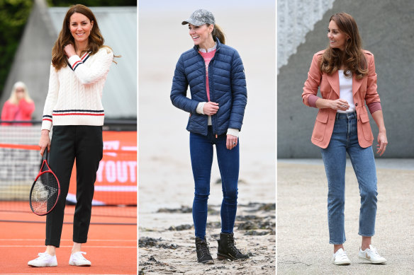 Stylist Sally Mackinnon says the Duchess of Cambridge nails it in her cropped slim jeans (left and right) but the dark skinnies are starting to date.