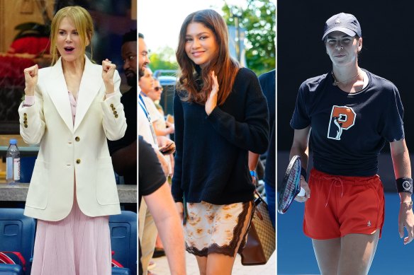 Nicole Kidman at the 2023 US Open; Zendaya at the 2022 US Open; Ajla Tomljanovic at an Australian Open training session.