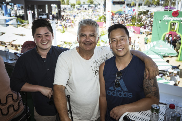 Victor Lee, Ray Rizzotto and Anthony Nguyen having drinks at the Canadian Club bar at the 2024 Australian Open. 