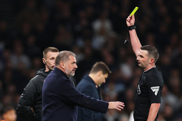 Ange Postecoglou was booked by the referee during the game against Chelsea.