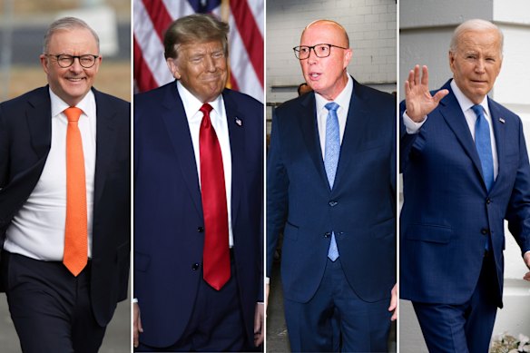 Albanese in a bold orange tie on the campaign trail, US President Donald Trump in Iowa in January last year, Dutton campaigning this week and former US president Joe Biden last May.