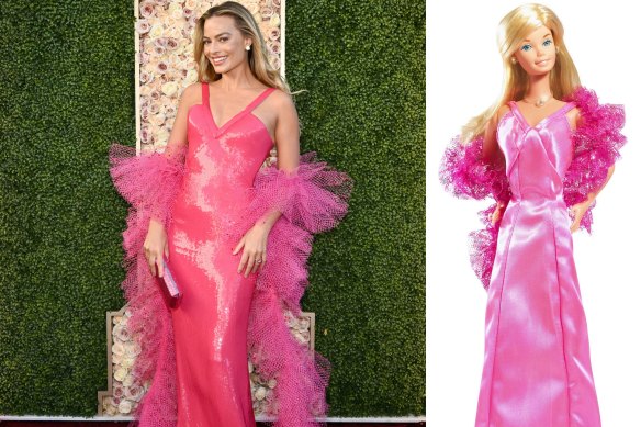 Margot Robbie in Giorgio Armani at the Golden Globes, 2024; the Super Star Barbie. 