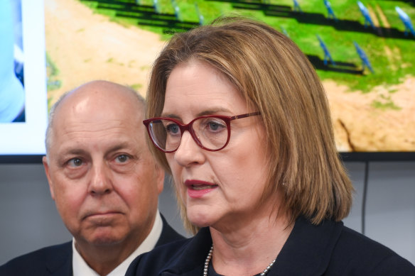 Premier Jacinta Allan and Treasurer Tim Pallas at a press conference on Tuesday.