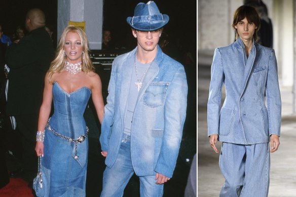 Britney Spears and Justine Timberlake in denim at the American Music Awards in 2001; Dries Van Noten’s menswear show in Paris last week.