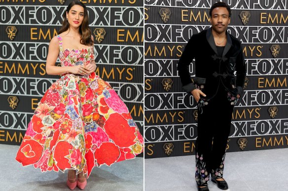 ‘The White Lotus’ actor Simona Tabasco in Marni and Donald Glover in Bode at the 75th annual Emmy Awards.