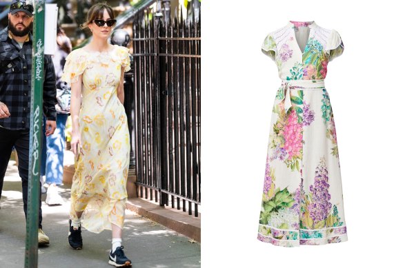 From left: Dakota Johnson; Once Was “Cristina” dress.
