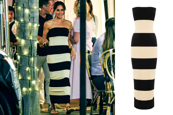 Meghan, Duchess of Sussex leaving a restaurant in Motecito, California, wearing a dress by Australian label Posse.