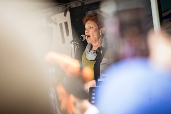 Pauline Hanson addresses a crowd at the Put Australia First rally in Melbourne on Sunday.