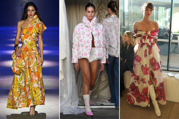 Retro florals at the opening show of Australian Fashion Week by Alemais; Maggie Marilyn, Resort 2024; Model Montana Cox at Aje wearing a dress from the label.