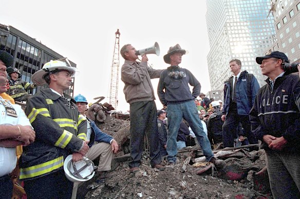 Then president George W. Bush speaking to rescue workers on September 14, 2001, three days after the attack.