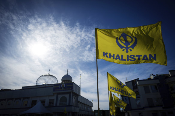 Khalistan flags are seen outside the Guru Nanak Sikh Gurdwara Sahib in Surrey, British Columbia, Canada.