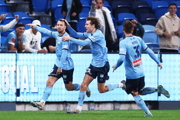 Adam Le Fondre celebrates his goal in the first leg of Sydney’s semi-final with Melbourne City.