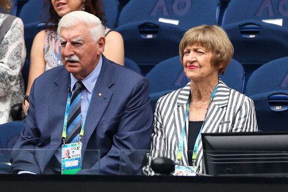 Margaret Court and her husband watch Naomi Osaka's first-round win.