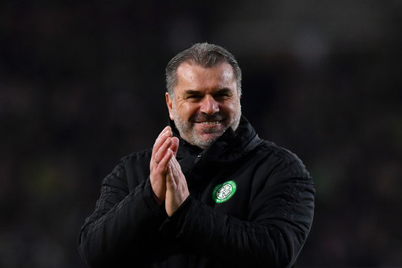 Ange Postecoglou celebrates his first Old Firm derby win with Celtic.