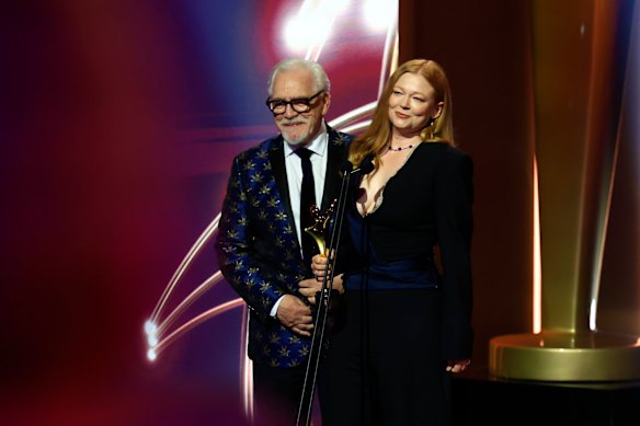 Sarah Snook receives the AACTA Trailblazer Award presented by Brian Cox.