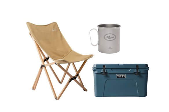 “Sunday” camp chair; Cups; “Tundra” cooler, $450.