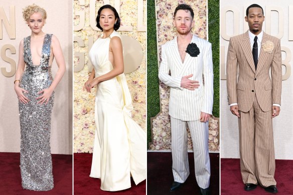 Julia Garner, Greta Lee, Chris Perfetti and Tyler James Williams on the Golden Globes red carpet, 2024.